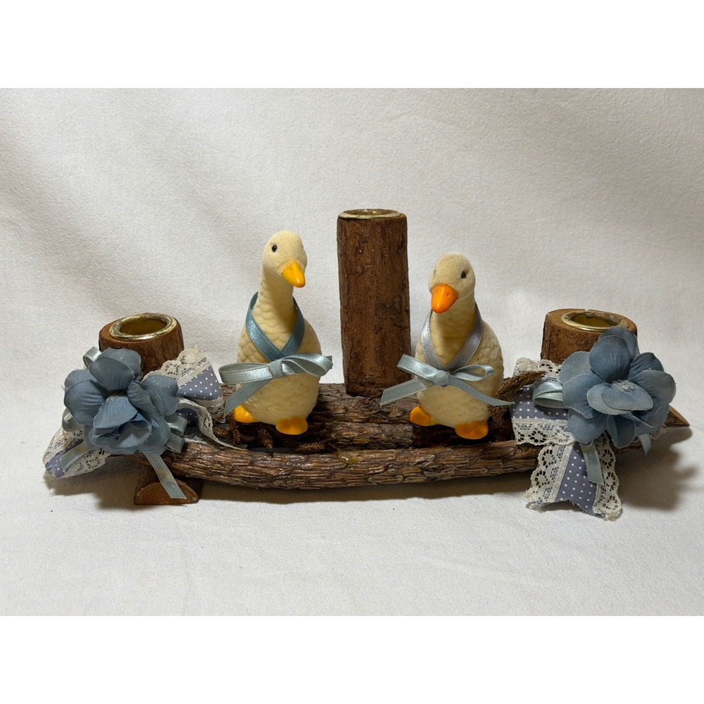 Vintage Rustic Duck Log Triple Candle Holder Blue Floral Lace Flocked Ducks
